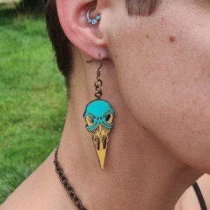 Raven Skull Earrings, handmade dangle earrings, ice cream cone goth jewelry